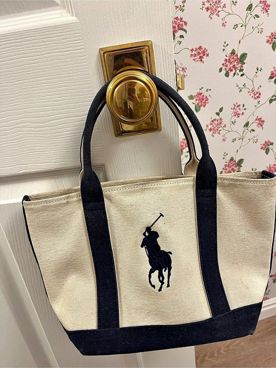 Polo Ralph Lauren Handbags - Ralph Lauren Cotton Canvas Tote Bag in Cream & Blue